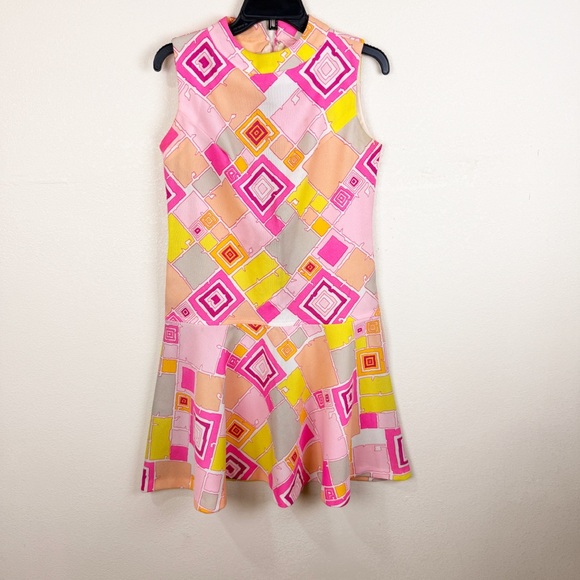 Vintage 60s Mod Go Go Psychedelic Sleeveless Dress Drop Waist Size 10/12 - Picture 1 of 9